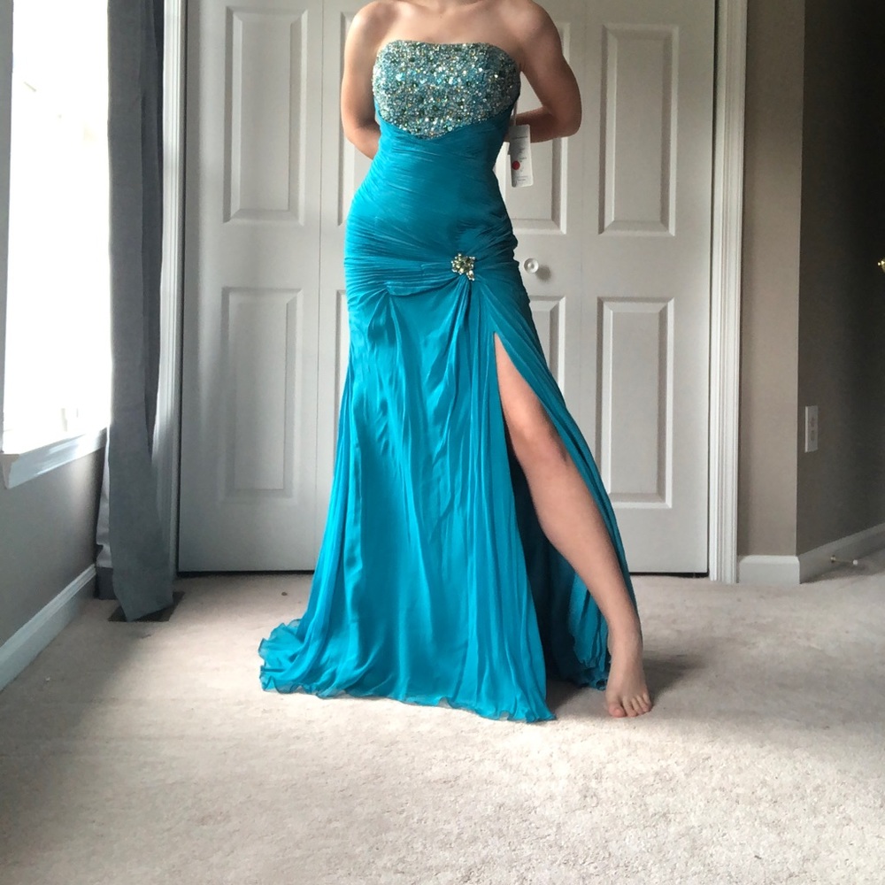 Tiffany Designs Blue Beaded Gown with Front Slit